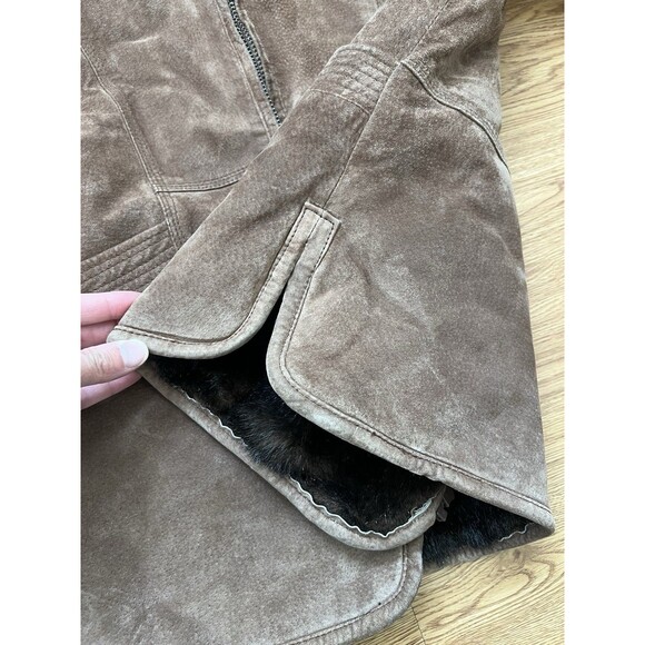 Vtg St Johns Bay Suede Leather Faux Fur Lined Jacket Zip Hood Womens Sz M Brown - Picture 2 of 11